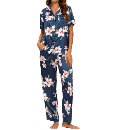 Sets Pjs for Women-Womens Silk Satin Pajamas Set Button Down Sleepwear Loungewear Short Sleeves Top with Pants Pajama Set - A...