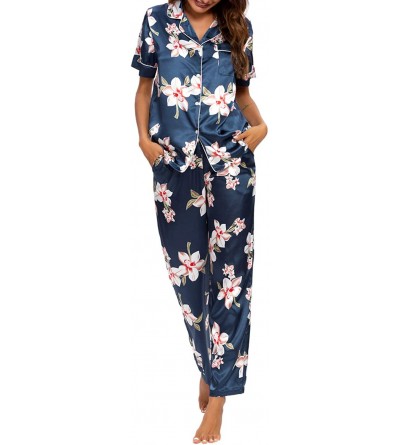 Sets Pjs for Women-Womens Silk Satin Pajamas Set Button Down Sleepwear Loungewear Short Sleeves Top with Pants Pajama Set - A...