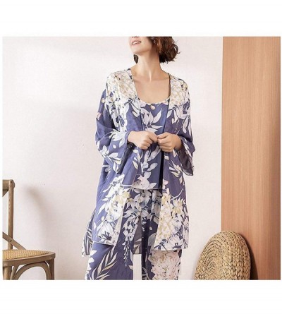 Sets 3 pcs Soft Pajama Set for Spring Fall Ladies Sleepwear Floral Printed Pink Leaves Cardigan+Camisole+Pants Homewear - Col...