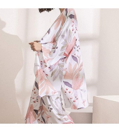 Sets 3 pcs Soft Pajama Set for Spring Fall Ladies Sleepwear Floral Printed Pink Leaves Cardigan+Camisole+Pants Homewear - Col...