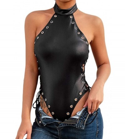 Thermal Underwear Fashion Women Sexy Rivet One-Piece Blackless Bodysuit Jumpsuit Teddy Lingerie - Black - CW18ZNWWE27 $12.16