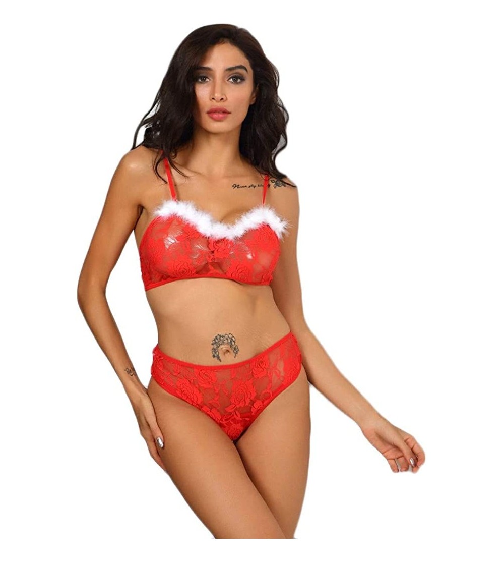 Baby Dolls & Chemises Christmas Teddy Lingerie for Women Sexy Santa Bodysuit Lace Bra and Panty Set Plus Size - Red - C619263...
