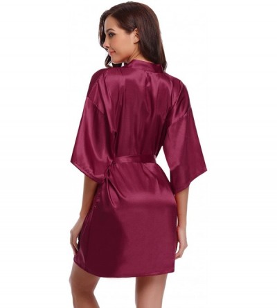 Robes Women's Kimono Robes Satin Pure Colour Short Style with Oblique V-Neck Robe - Brick Red - C119976R8AR $20.00