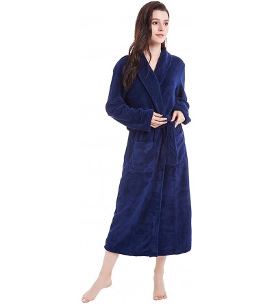 Robes Women's Fleece Bathrobe Long Shawl Collar Plush Robe - Navy Blue - C718G9QH42H $22.26
