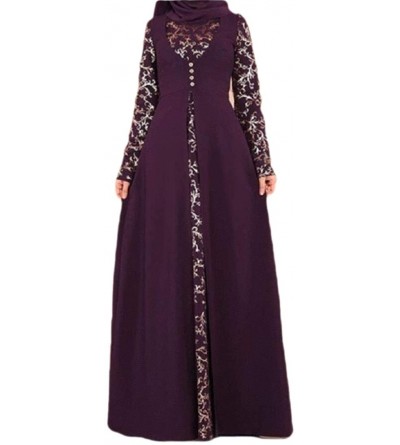 Robes Women Muslim Islamic Lace Long Sleeve Maxi Dress Kaftan Abaya Party Robes Dres - 1 - CT19CKC37S6 $32.26