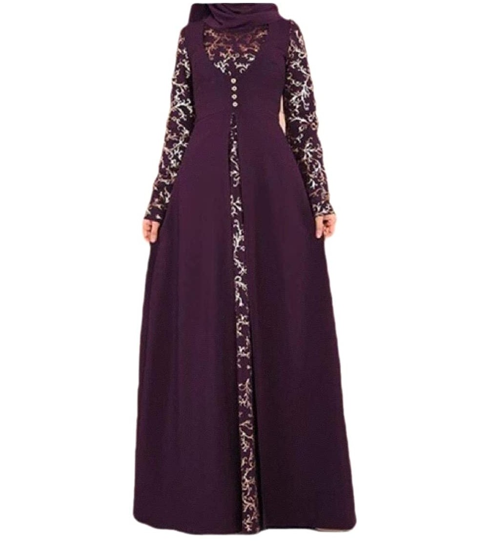 Robes Women Muslim Islamic Lace Long Sleeve Maxi Dress Kaftan Abaya Party Robes Dres - 1 - CT19CKC37S6 $32.26