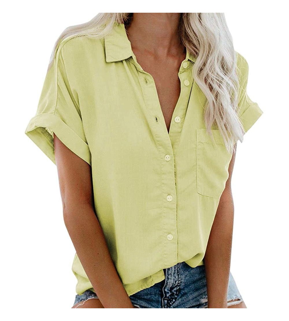 Tops Blouse Short Sleeve Shirt Fashion Womens Short Sleeve Pocket Button Tee Casual Popular Blouse Tops Yellow - CJ18XAT3RAS ...