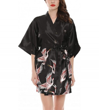 Robes Women's Short Silk Kimono Robes Satin Loungewear Half Sleeve Luxury Crane Nightwear - Black - CP18U2C3TAD $23.19