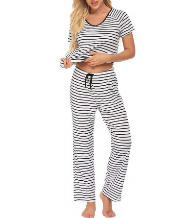 Sets Womens Pajamas Sets V-Neck Short Sleeve Sleepwear Loungewear Soft Striped Pj Sets - Ydf1 - C8196AT9IDD $30.89