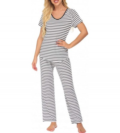 Sets Womens Pajamas Sets V-Neck Short Sleeve Sleepwear Loungewear Soft Striped Pj Sets - Ydf1 - C8196AT9IDD $30.89