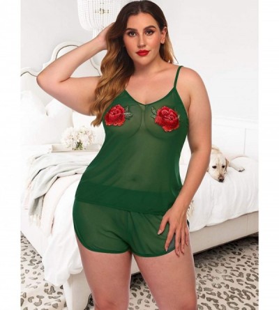 Sets Plus Size Sexy Pajama for Women Lace Cami and Shorts Two Piece Nightwear Lingerie Pajama - Green - CU190ODUD75 $13.25