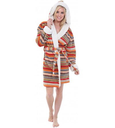 Robes Womens Sherpa Short Hooded Robe- Soft Bathrobe - Short Aztec Sunrise - CW18E7TE733 $59.83