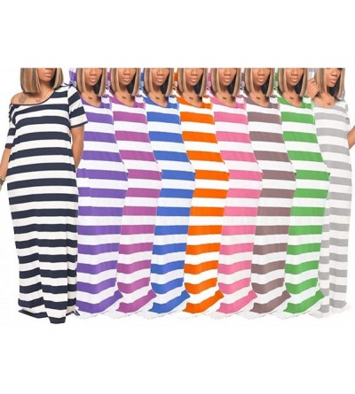 Nightgowns & Sleepshirts Women's Short Sleeve Striped Print Casual Hooded Loose Maxi T Shirt Dress with Pockets - Orange - CI...