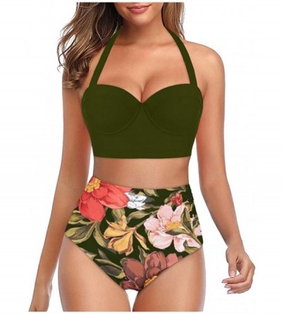 Bras Women Floral Print Tankini High Waist Crop Tops+Shorts Two Piece Swimwear Halter Bathing Suit Monokini - Green - CB196EU...