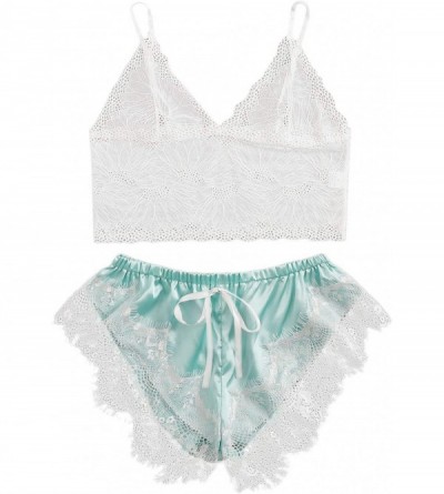 Sets Women's Sleepwear Contrast Lace Frill Trim Spaghetti Strap Pajama Set - White and Ice Green - CA195EOG0MC $43.48