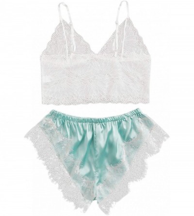 Sets Women's Sleepwear Contrast Lace Frill Trim Spaghetti Strap Pajama Set - White and Ice Green - CA195EOG0MC $23.22