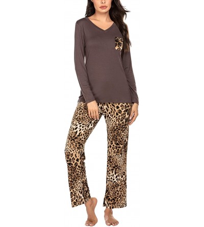 Sets Womens Pajama Set Striped Long Sleeve Top & Pants Sleepwear Pjs Sets - Leopard Print - CC18AKN5ASI $24.37