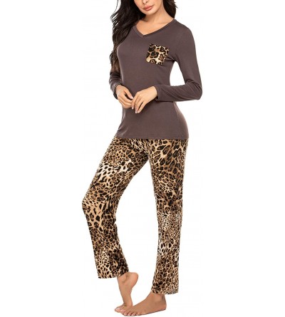 Sets Womens Pajama Set Striped Long Sleeve Top & Pants Sleepwear Pjs Sets - Leopard Print - CC18AKN5ASI $24.37