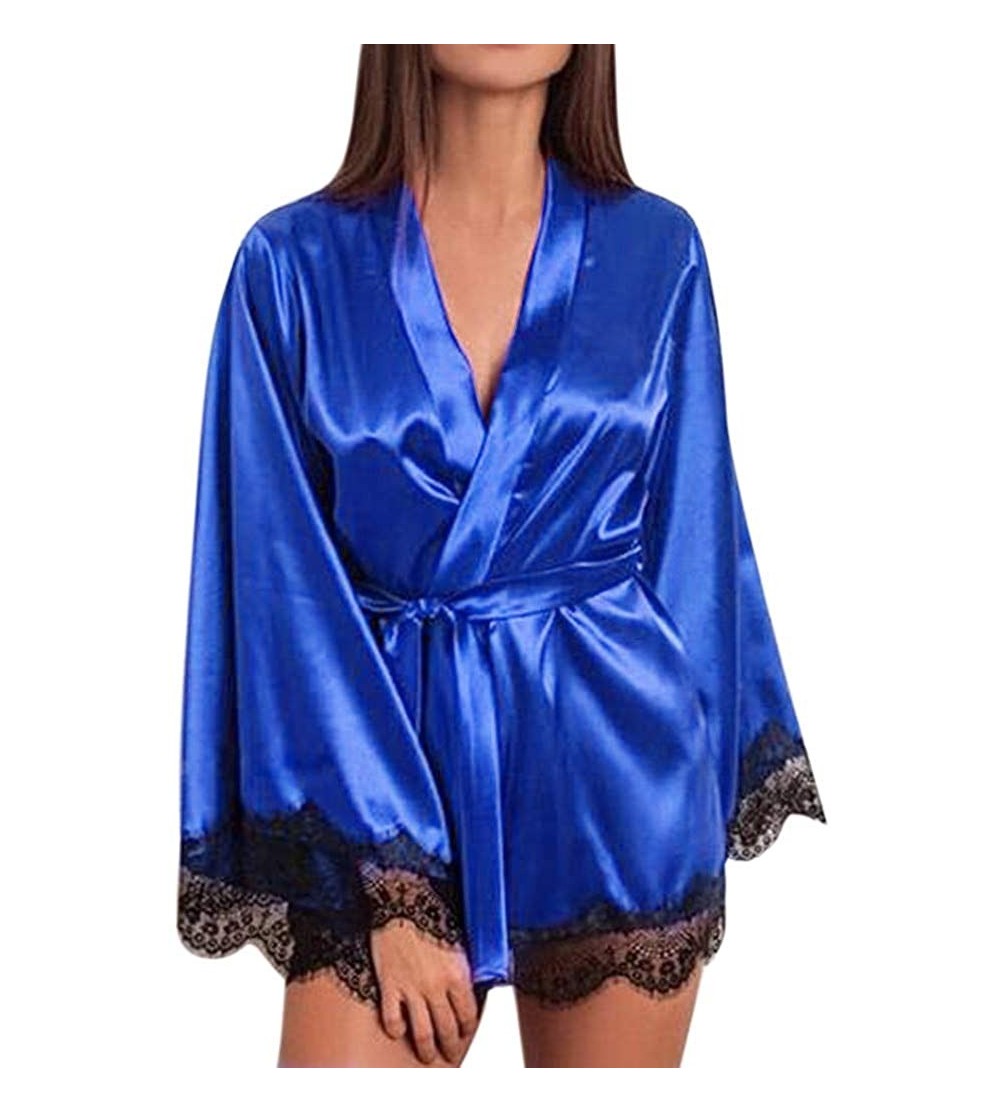 Robes Women Satin Nightdress Silk Lace Lingerie Nightgown Long Sleeve Sleepwear Sexy Short Robe Coat Kimono - Blue - CW18NHUD...