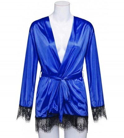 Robes Women Satin Nightdress Silk Lace Lingerie Nightgown Long Sleeve Sleepwear Sexy Short Robe Coat Kimono - Blue - CW18NHUD...