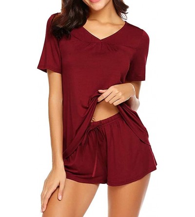 Sets Women's 2 Piece Shorts V-Neck Pajama Set Short Sleeve Sleepwear Nightwear Pjs - Wine Red - CY198KI6HG2 $25.37