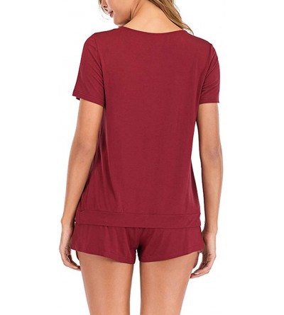 Sets Women's 2 Piece Shorts V-Neck Pajama Set Short Sleeve Sleepwear Nightwear Pjs - Wine Red - CY198KI6HG2 $25.37