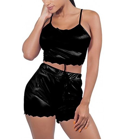 Sets Womens Sexy Velvet 2 Pieces Romper Outfit - Spaghetti Strap Crop Top Camisole and Shorts Bottom Sleepwear Pajama Set - S...