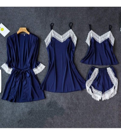 Robes Satin Silk Pajamas Cardigan Nightdress Bathrobe Ladies Robes Underwear Sleepwear - Navy - C3197ZG0O9S $27.77