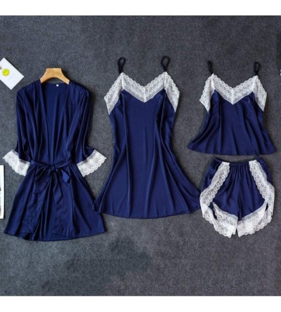 Robes Satin Silk Pajamas Cardigan Nightdress Bathrobe Ladies Robes Underwear Sleepwear - Navy - C3197ZG0O9S $27.77