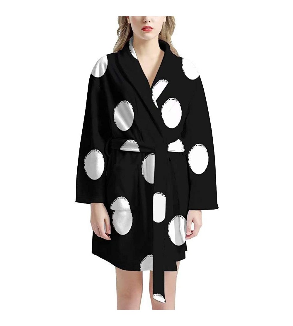 Robes Women's Bathrobe Long Sleeves Sleepwear with Pockets Girls Soft Pajama Tie Knee Length Wedding Robe - Black Polka - CL1...
