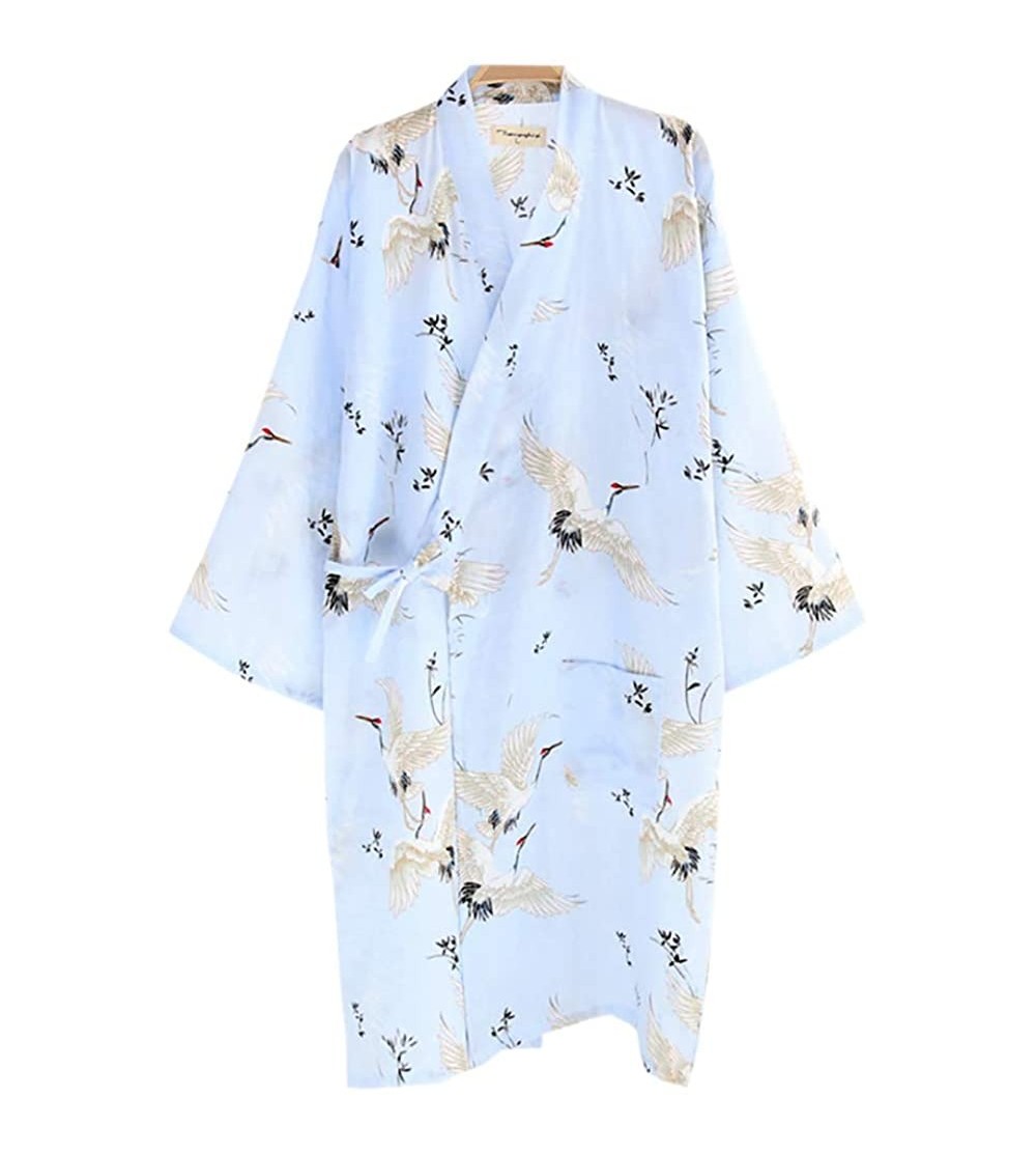 Robes Womens Robe Sleepwear Kimono Dressing Gown Printed Pattern Satin Summer Nightdress Cotton Silk Bathrobe Blue Crane - CP...