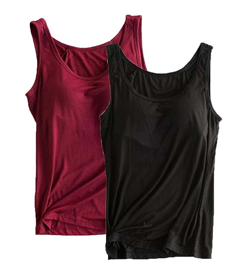 Nightgowns & Sleepshirts Womens Modal Built-in Bra Padded Active Strap Camisole Tanks Tops - 61 Black&ruby - CG18RANKT6W $25.05