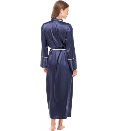 Robes Women's Long Satin Robe with Contrast Piping- Tie Belt- Pockets- Full Length - Midnight Blue With Contrast Piping - CY1...