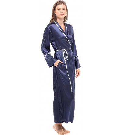 Robes Women's Long Satin Robe with Contrast Piping- Tie Belt- Pockets- Full Length - Midnight Blue With Contrast Piping - CY1...