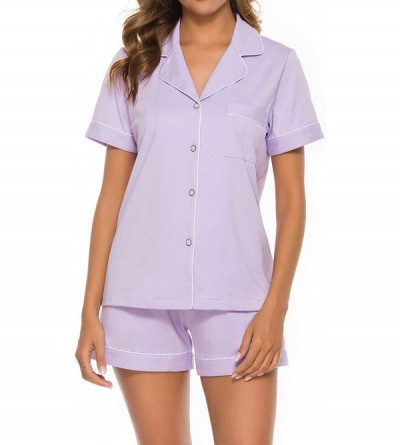 Nightgowns & Sleepshirts Women's 100% Cotton Pajamas Shorts Set Button Down Notched Collar Sleepwear - Light Purple-order One...