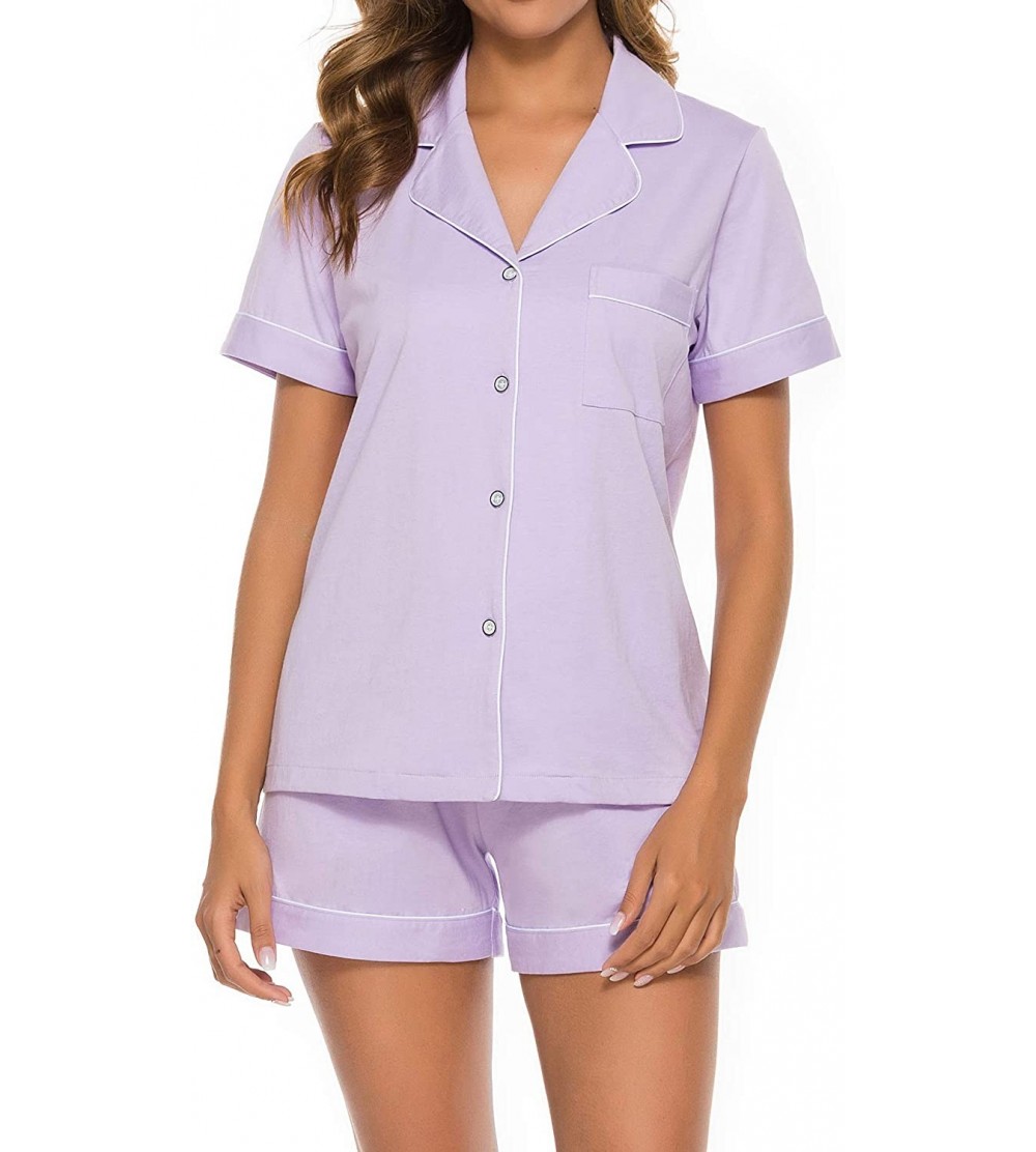Nightgowns & Sleepshirts Women's 100% Cotton Pajamas Shorts Set Button Down Notched Collar Sleepwear - Light Purple-order One...
