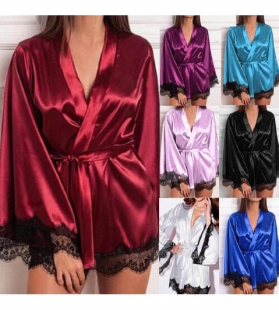Tops Women Satin Nightdress Lace Trim Nightshirt Lingerie Bathrobe Sleepwear Kimono Short Robe - Green - C218NM7C36D $17.02