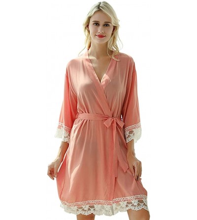 Robes Women Summer Robe Kimono Satin Bathrobe Lace Long Robe Pajamas Sleepwear Nightdress - Pink - CO1987LEA6I $24.40