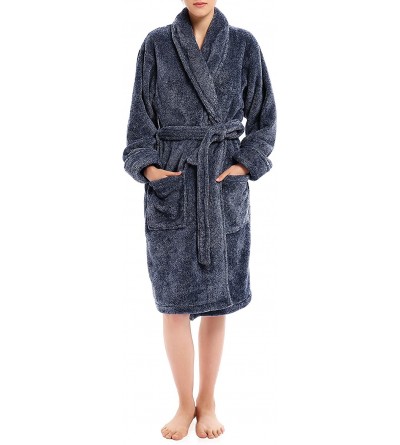Robes Women's Fleece Robe Shawl Collar Knee Length Bathrobe Winter Lounge Robe Sleepwear - Heather Navy Blue Stripe - CE18WKL...