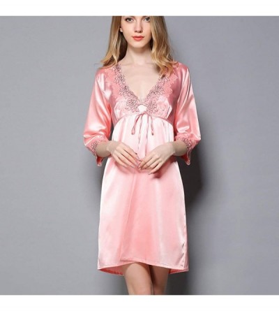 Nightgowns & Sleepshirts Womens 2pcs Satin Nightshirts Sexy Nightdress Spaghetti Strap Nightgown Chemise Slip with Robe Deep ...
