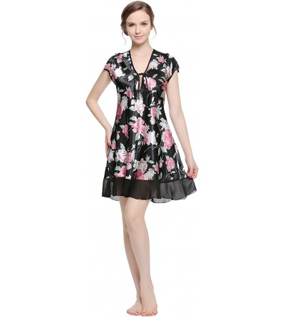 Nightgowns & Sleepshirts Women's Printed Satin Nightgown- Silky Sleeveless Nightdress - Black Floral Print - CN12F1VJ6Q3 $24.40