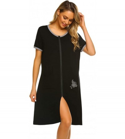 Nightgowns & Sleepshirts Women Zipper Front House Coat Short Sleeves Robe Zip up Bathrobes Lace Nightgown with Pockets - A_bl...