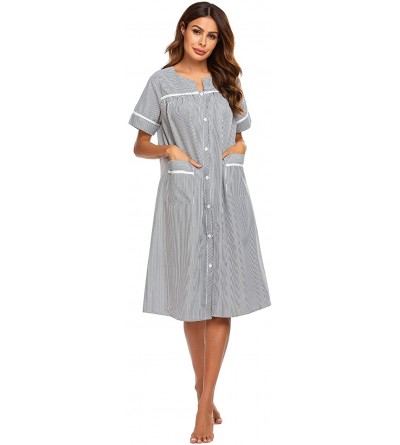 Robes Women's Striped Sleepwear Button Down Duster Short Sleeve House Dress Nightgown - Black - CZ18WLO7WEU $28.03