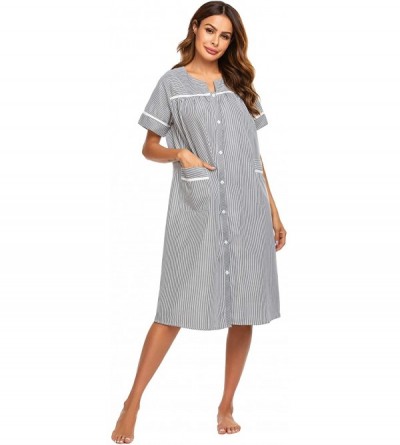 Robes Women's Striped Sleepwear Button Down Duster Short Sleeve House Dress Nightgown - Black - CZ18WLO7WEU $28.03