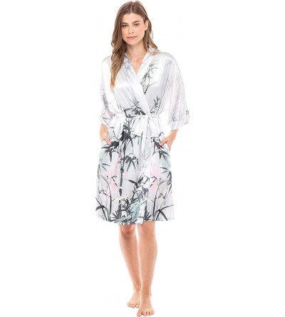 Robes Women's Midi Length Satin Kimono Wrap - Belted Robe with Pockets- Limited Edition Print - Foggy Meadow Flowers - C918ZH...
