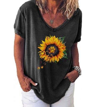 Tops Dog Footprints Short Sleeve T Shirt Women Casual Loose Tops Print Sunflower Blouse - A Black - CM1983D4M95 $22.28