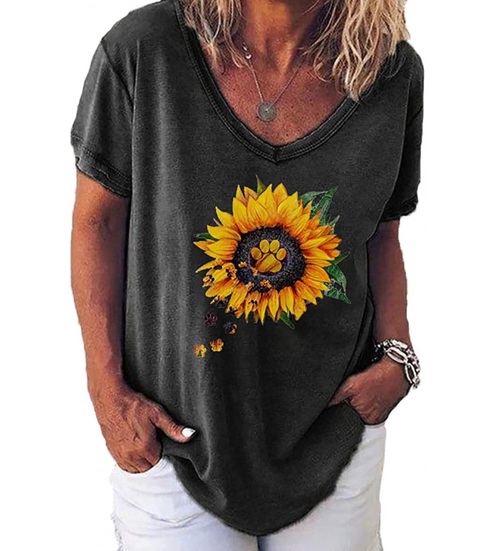 Tops Dog Footprints Short Sleeve T Shirt Women Casual Loose Tops Print Sunflower Blouse - A Black - CM1983D4M95 $22.28