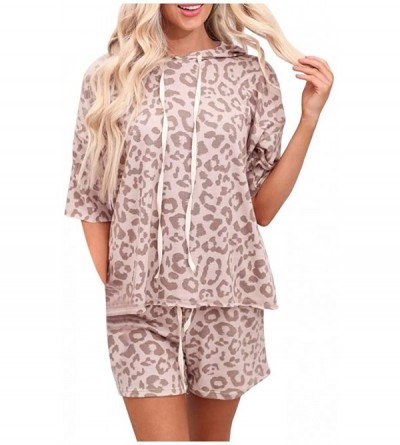 Thermal Underwear Womens Leopard Printed Pajamas Set Hoodies Top Shorts Sleevewear Loungewear - Khaki - C5199QT65K0 $18.06