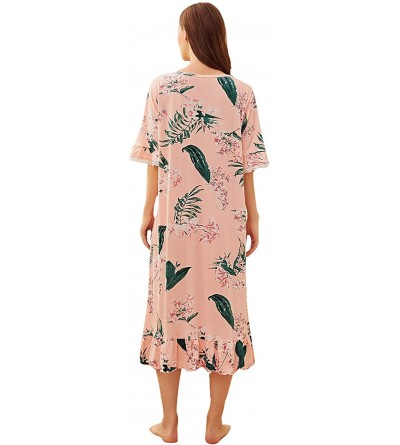Nightgowns & Sleepshirts Women's Floral Print Ruffle Hem Short Sleeve Night Dress Nightgown - Pink - C5192KSMA0D $18.50