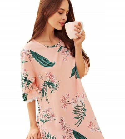 Nightgowns & Sleepshirts Women's Floral Print Ruffle Hem Short Sleeve Night Dress Nightgown - Pink - C5192KSMA0D $18.50